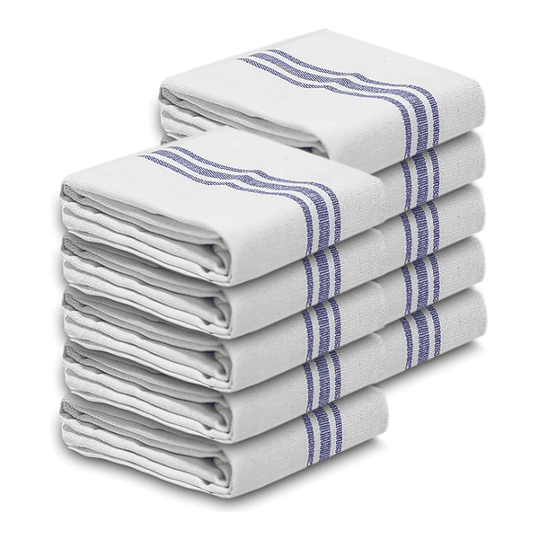 Casabella Glass Towels 100% Cotton 50x70cm - Pack of 10 Blue Stripe Dish Towels